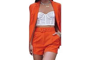 Tcremisa Blazer Shorts Set for Women 2 Piece Long Sleeve Open Front Blazers Short Suits Business Outfits with Belt