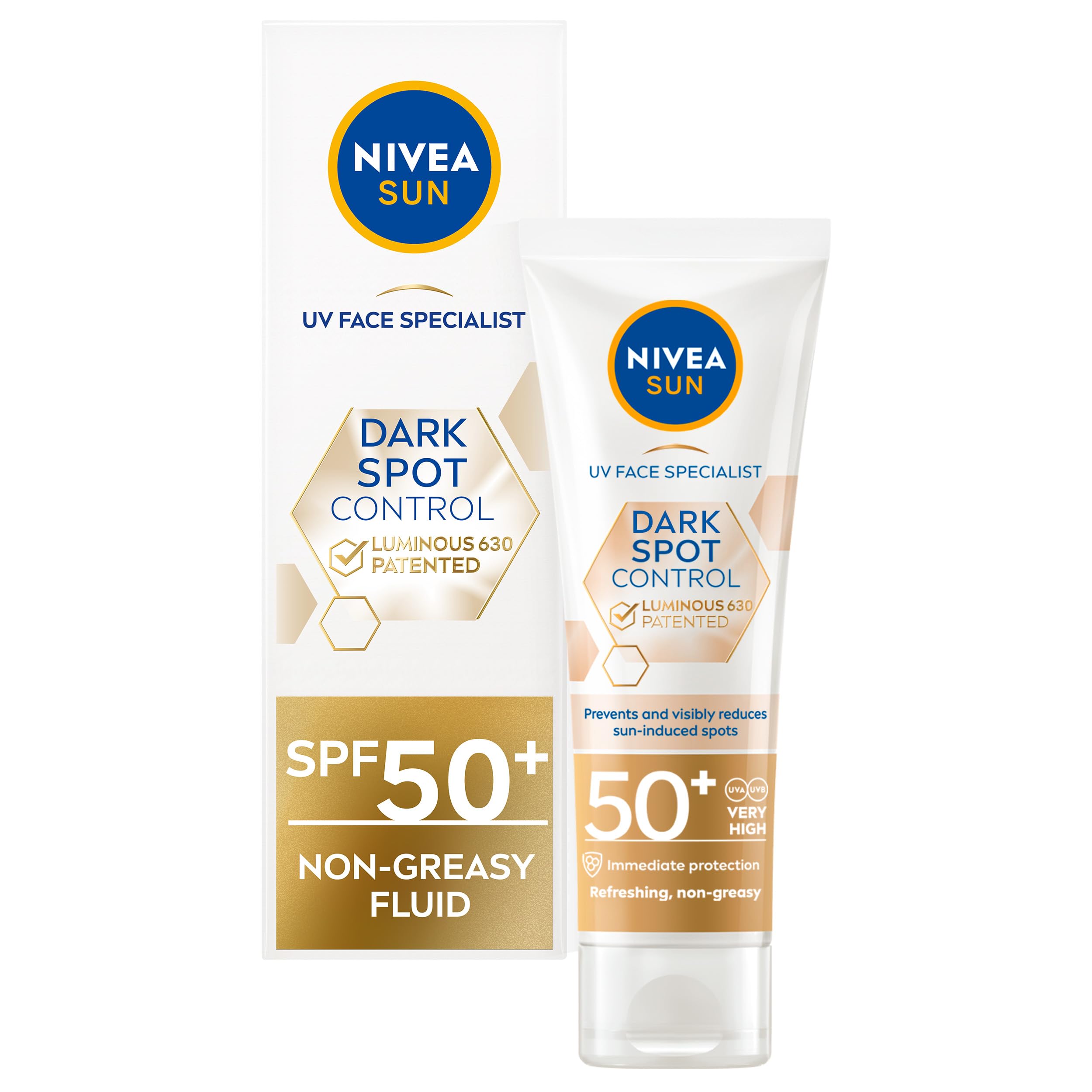 NIVEA SUN UV Face Specialist Luminous630 SPF 50+ Sun Fluid (40ml), Visibly Reduces Sun-Induced Spots for Even and Luminous Skin, Non-Greasy with Hyaluronic Acid and Vitamin E