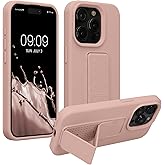 kwmobile Case Compatible with iPhone 15 Pro - Case with Hand Strap and Stand Soft TPU Silicone Coating - Dusty Pink