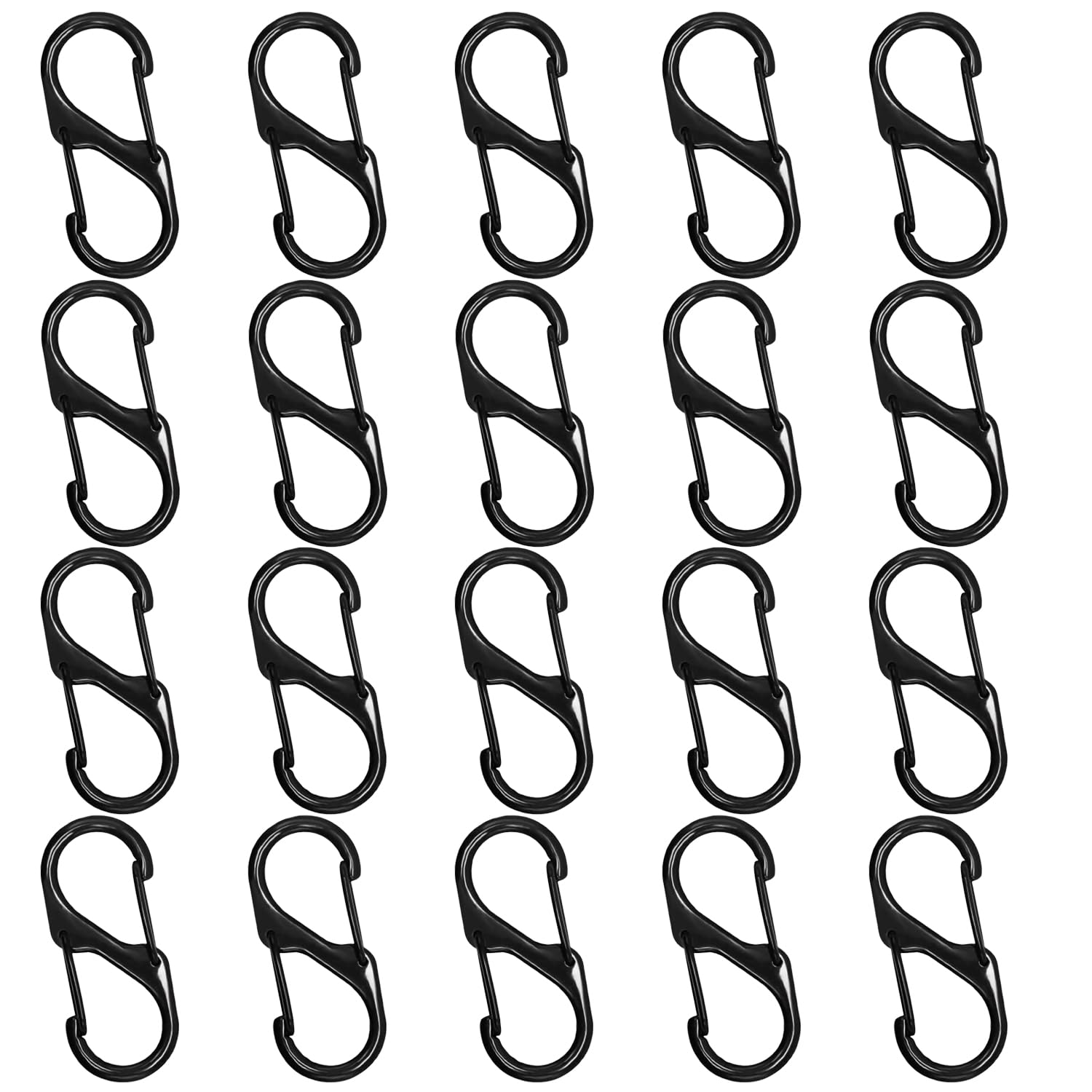 20 Pack Heavy-Duty Carabiner Clips – Dual Spring Gate Keyrings in Zinc Alloy, Secure S-Hook Fasteners for Outdoor Gear, Camping & Travel Essentials (Black)