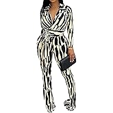 Ophestin Women 2 Piece Outfits V Neck Striped Print Long Sleeve Wrap Top Bodycon Flare Leggings Set Tracksuits Jumpsuit