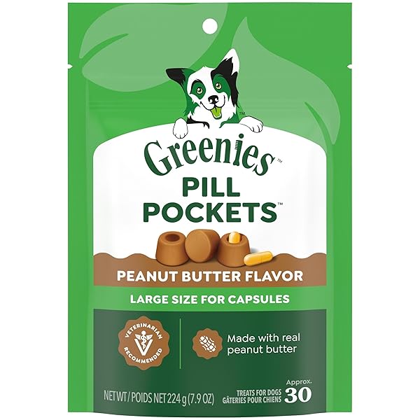 GREENIES PILL POCKETS FOR DOGS LARGE SIZE, DOG TREAT POUCH FOR CAPSULE MEDICATION, PEANUT BUTTER FLAVOR, 7.9 OZ. POUCH