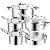 E-far Stainless Steel Cookware Set, 10-Piece Induction Pots and Pans Set | Non-toxic Kitchen Cooking Set w/Frying Pan, Saucepan, Saute Pan, Stockpot with Lids, Oven &amp; Dishwasher Safe