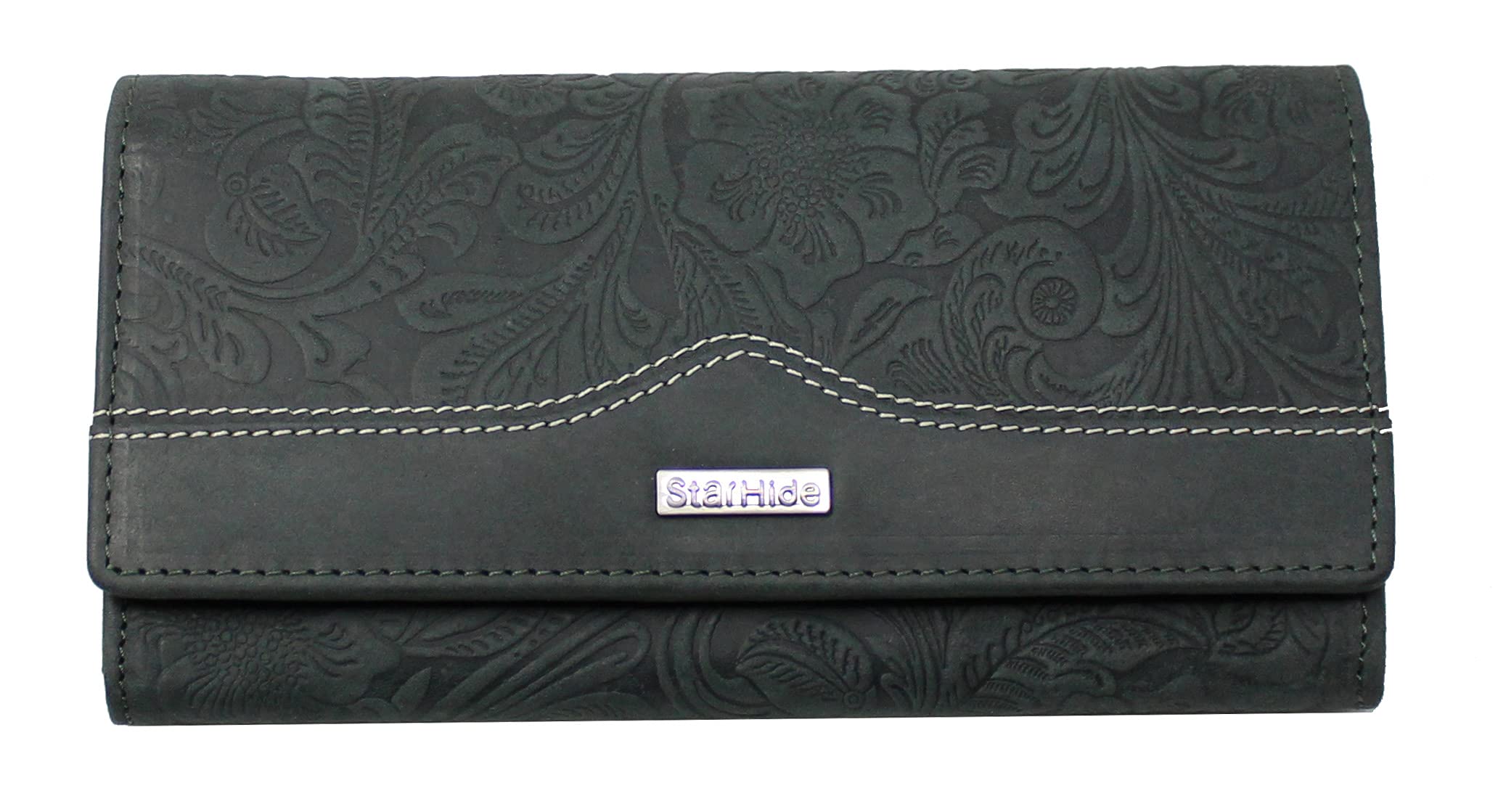 STARHIDE Women Embossed Floral Purse Real Distressed Hunter Leather RFID Blocking Clutch Wallet 5575 (Green)