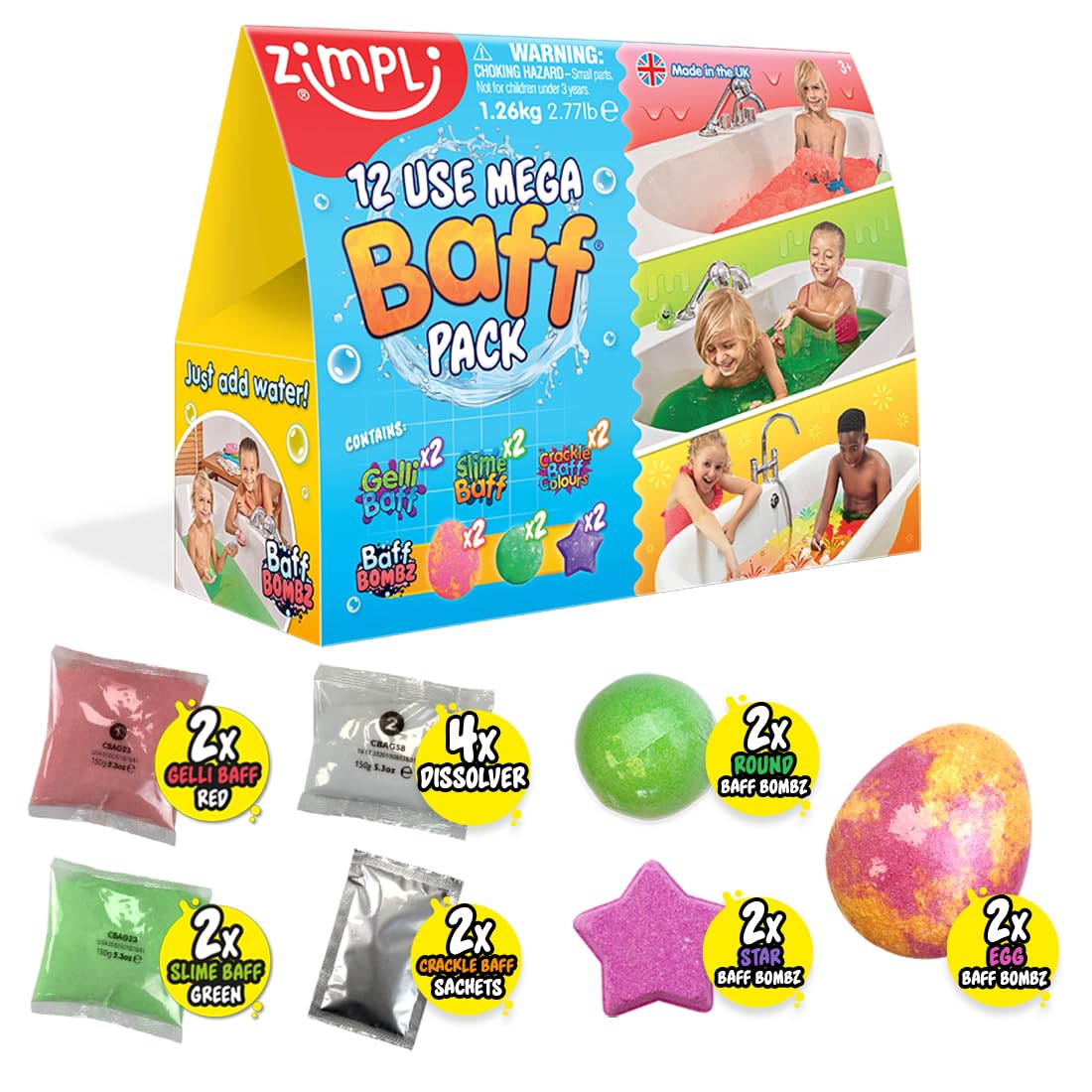 ZIMPLI 12 Use Mega Value Baff Pack, 6 x Bath Bombs, 2 x Gelli, 2 x Slime & 2 x Crackle, Children's Sensory Bath Toy Set, Birthday Present for Kids, Toys for Children