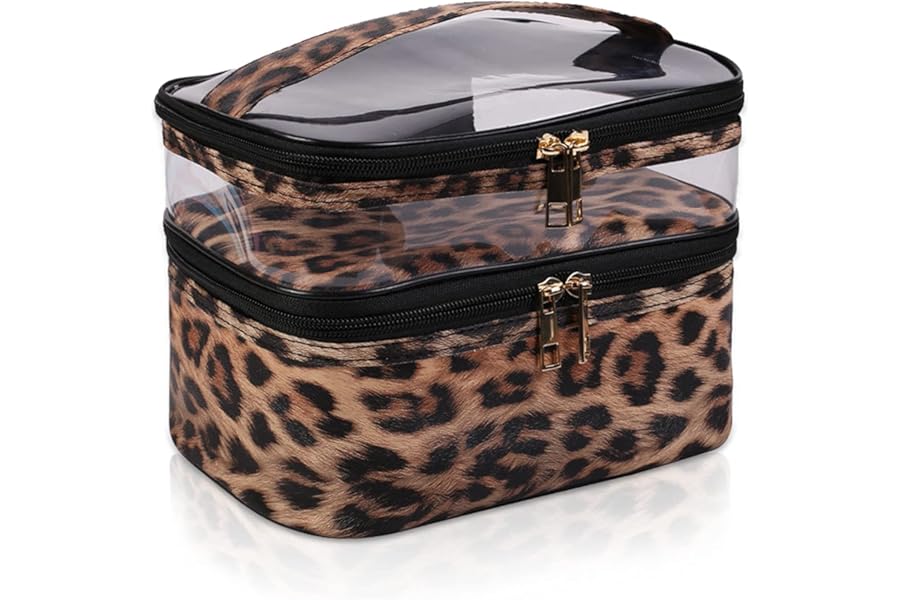 imerelez Double-layer Cosmetic Bag Makeup Bag Travel Makeup Bag Makeup Bags for Women Cosmetics Cases Portable Waterproof Foldable (Leopard)