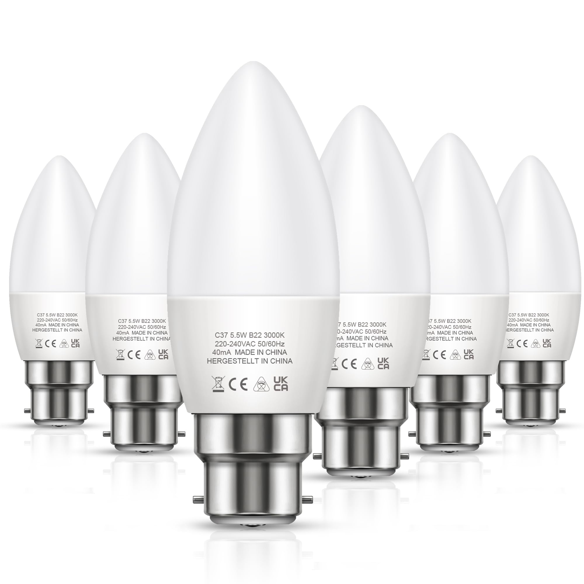 LOHAS-LED Candle Light Bulbs, 60w Bayonet Light Bulb 500LM 5.5W, C37 Warm Light Bulbs 3000K, Non-Dimmable, Candle Bulbs Bayonet, B22 LED Bulb for Chandeliers Wall Lamps Ceiling Fixtures, 6 Pack