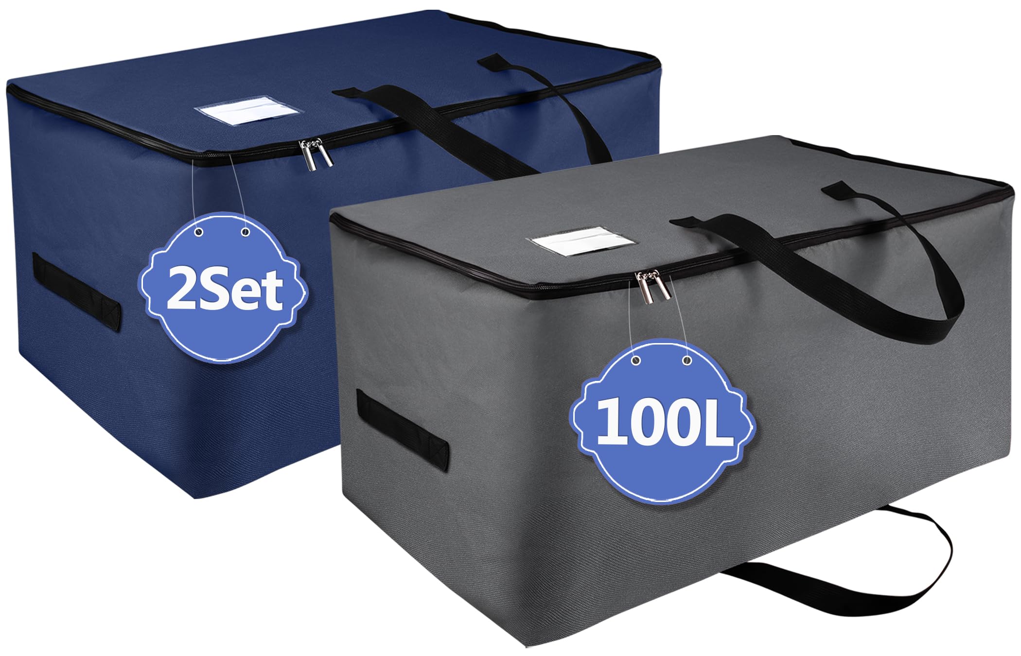 IHOMAGIC 2 Pieces Large Underbed Storage Bag with Handle, Foldable 600D Oxford Fabric Clothes Storage Bags Organizer Bag for Quilt, Blankets 100L (Dark Grey/Dark Blue)
