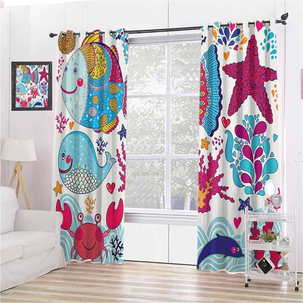 Whale Decor Collection Blackout Curtains - Gasket Insulation Funny Fishes Starfish Coral Crab Underwater Life and Waves Marine Clipart Image Blackout Curtains for The Living Room W42 x L63 Inch Blue