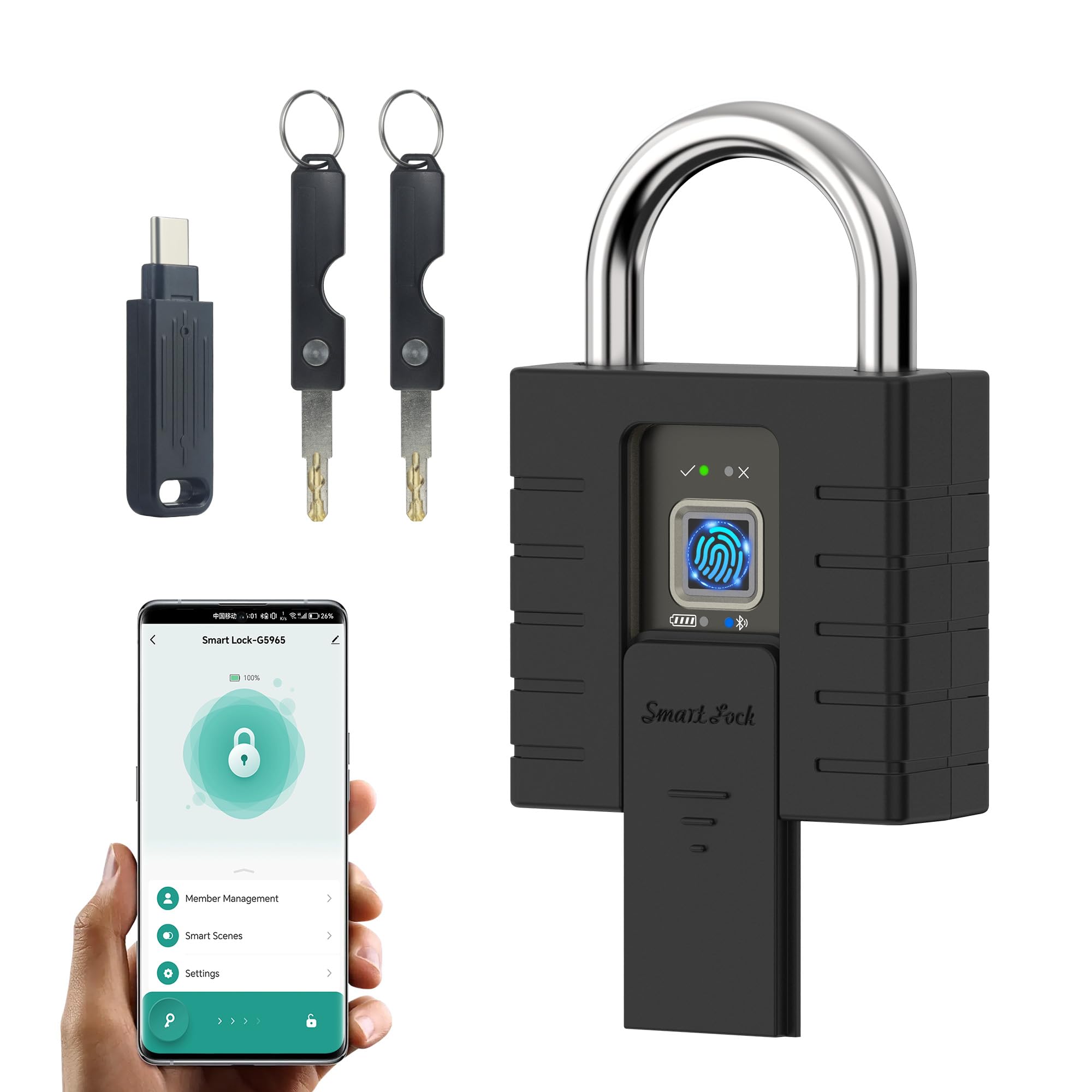 TenixLox Fingerprint Padlock with APP and Key,Heavy Duty Black Padlocks,Suitable for Outdoor,Truck,Warehouse and Cabinets Locker