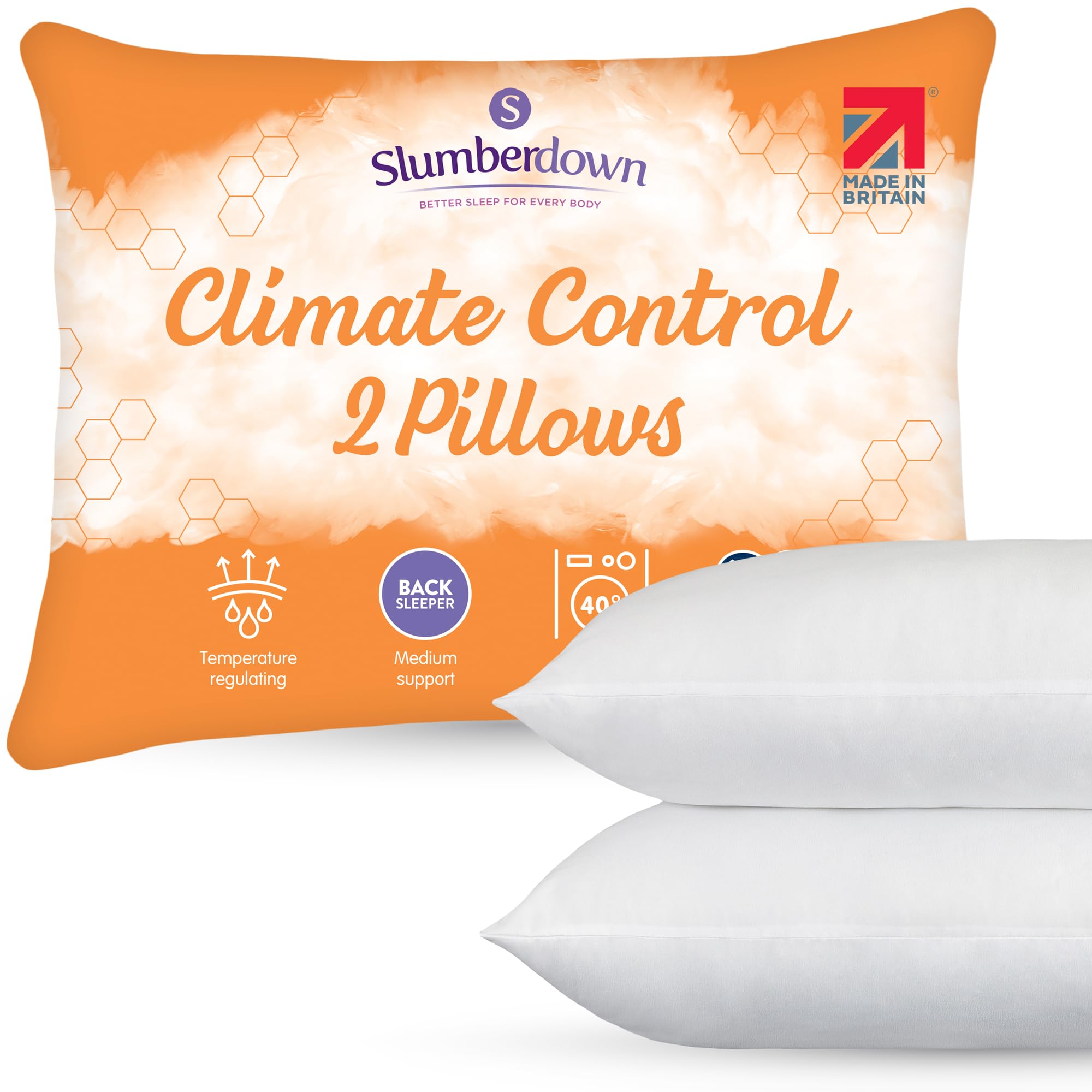 Slumberdown Climate Control Pillows 2 Pack - Breathable & Climate-Adaptive Medium Support Pillow for Back & Hot Sleepers | UK-Made, Non-Allergenic, Washable (48 x 74cm)