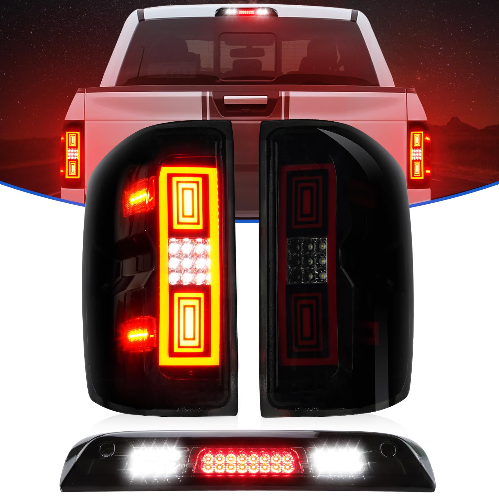 Photo 1 of LED Tail Lights Assembly + 3rd Brake Light Kit Fit for Chevy Silverado 1500 2500HD 3500HD 2014-2018, for GMC Sierra 3500 HD with Dual Wheel 2015-2018 (Fit Halogen Type, Not Fit Factory LED) Smoke Lens