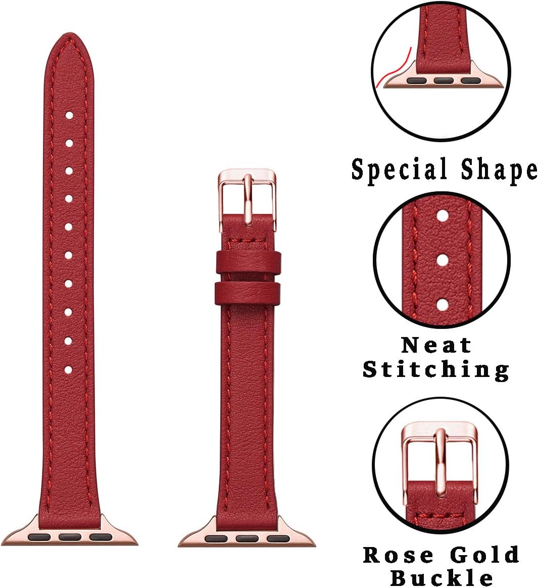 SUNFWR Compatible with Apple Watch Strap 38mm 40mm 41mm,Genuine Leather Strap Replacement,Slim&Thin Wristband for iwatch Series 7/6/5/4/3/2/1,SE(38mm 40mm 41mm,Red&Rosegold) - Image 3