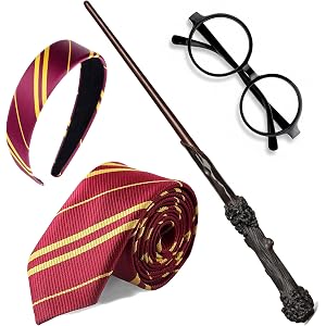 Ainiel Halloween Wizard Costume Accessories Set for Adults | Nerd Circle Glasses, Headband, Tie, Magic Wand,High-quality