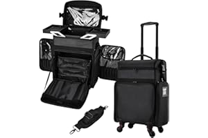 Costravio Rolling Makeup Train Case Professional Cosmetology Travel Trolley Soft Sided Nylon Wheeled Cosmetic Organizer with Pouches for Makeup Artist Nail Technician and Hairstylist