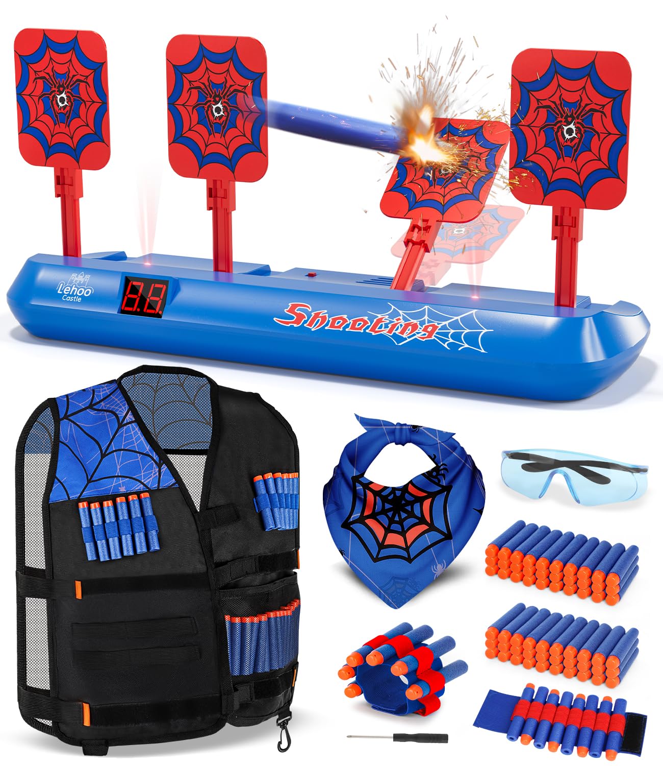 Lehoo Castle Nerf Target, Toys for 3 4 5 6 Year Old Boys, 4 Electronic Digital Target Set, Spider Shooting Toys Gifts with 60 Nerf Bullets Vest for Boys Girls