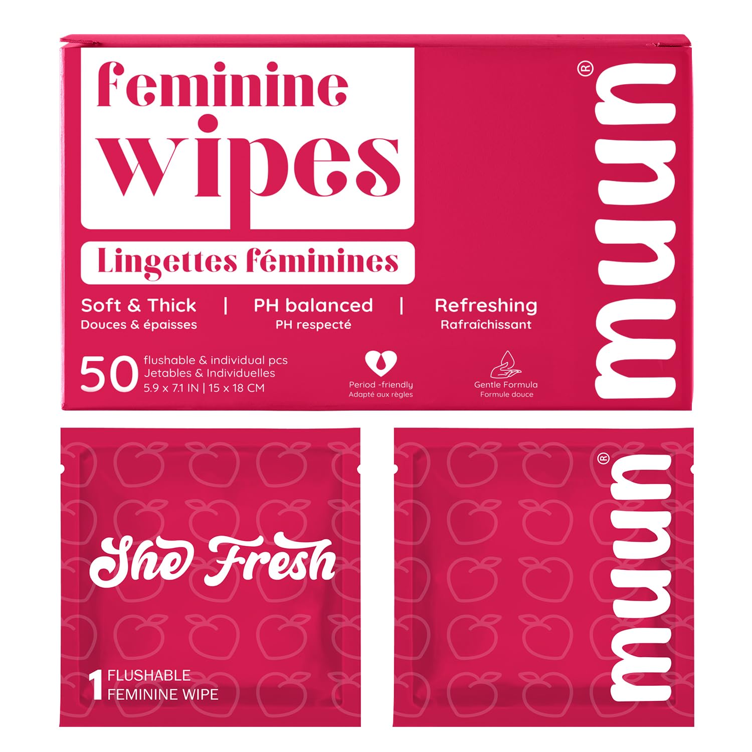 Muun Feminine Wipes Flushable - 50 Counts Individual Vaginal Wipes Ph Balance, Anti Itch Deodorant Hygiene Wrapped Personal Cleansing, Wet Wipes for Intimate, Butt