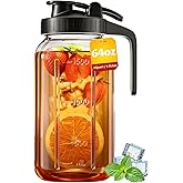 64 oz Mason Jar Pitcher – Airtight & Leakproof Glass Pitcher with Lid, Perfect for Iced Tae, Sun Tea, Cold Brew, Breastmilk, 2 Quart (1/2 Gallon) Mason Jar with Pour Spout Lid Flip-Cap & Handle