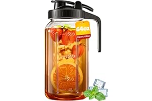 VA1KENE 64oz Glass Pitcher with Lid and Handle – Mason Jar Style Water Jug with Spout, Wide Mouth Glass Pitcher for Sun Tea, 