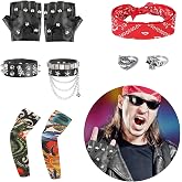 FASBET 9pcs Rockstar Costume 70s 80s 90s Rocker Costumes for Men and Women Motorcycle Biker Halloween Costume Punk Accessories Rock Star Costumes Rock and Roll Costume