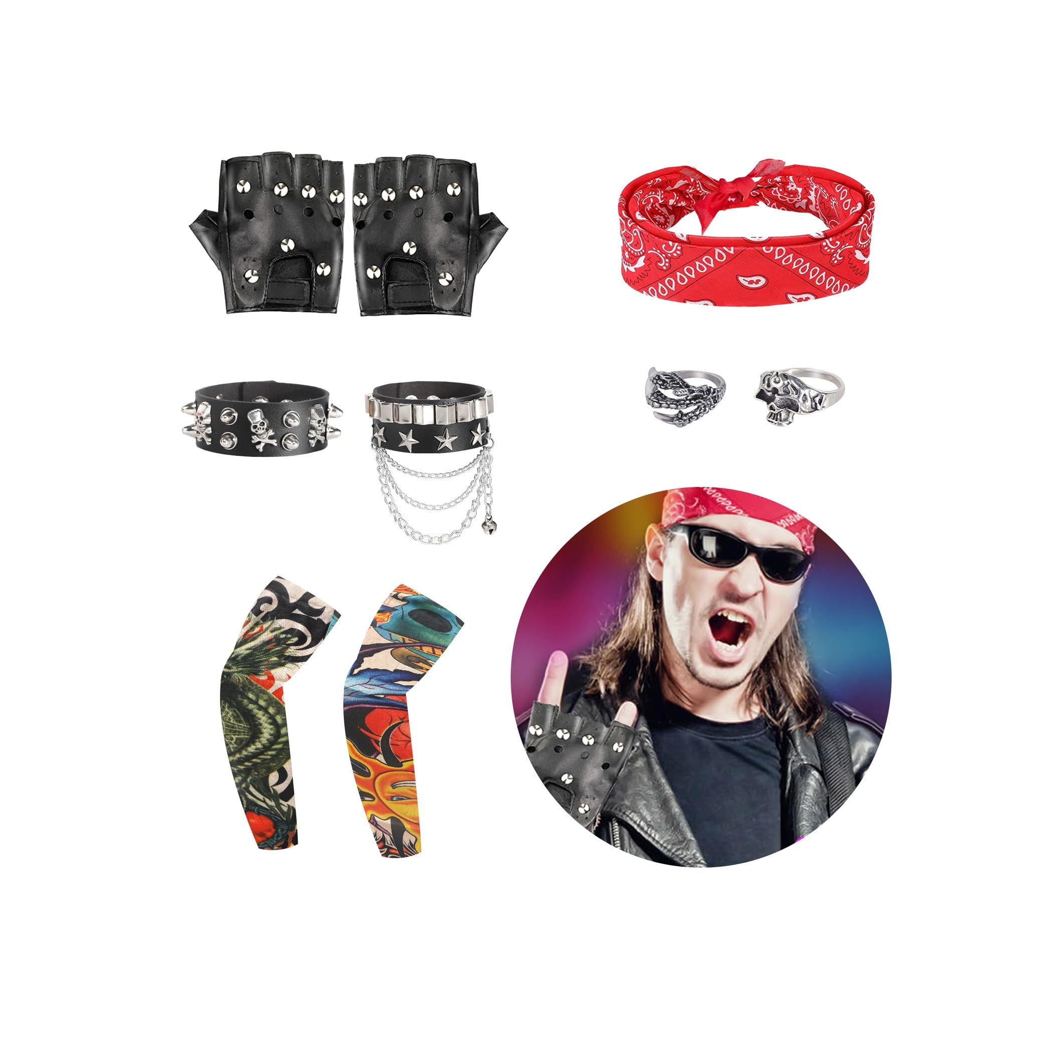 FASBET 9pcs Rock Star Fancy Dress includes 2 Sleeves 2 Rings 2 Bracelets 2 Gloves 1 Headband, Punk Rockstar Accessories Rockstar Fancy Dress 80s Rock Star Costume — image 1