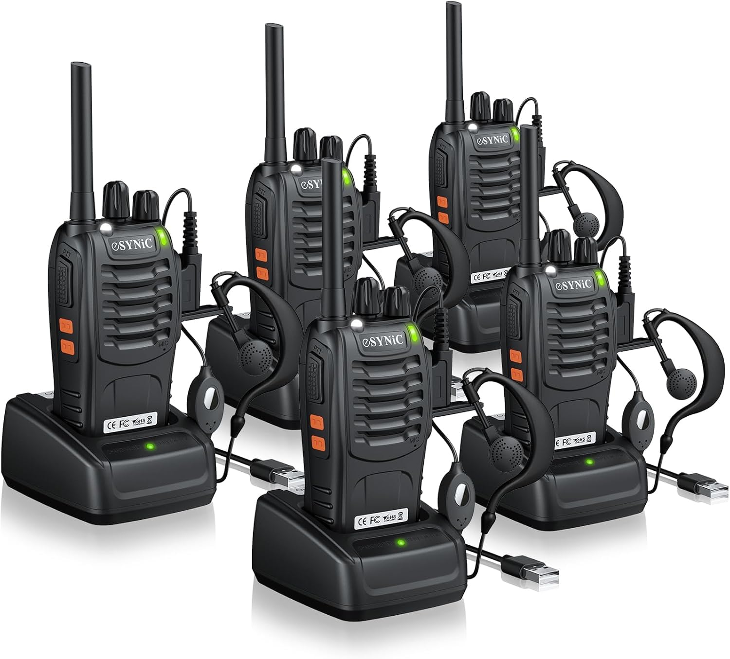 eSynic 5Pack Professional Walkie Talkies for Adults Rechargeable Long Range Radio Walkie Talkie PMR446 VOX Noise Reduction Walky Talky With Orginal Earpieces with LED light for Work Travel etc
