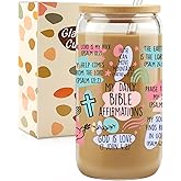 HBESTIE Christian Gifts For Women, Glass Cups Tumbler Cups W Lids Straws, Affirmations Christian Prayer Gift Drinking Cup W Bible Verses,16oz Coffee Cup, Faith Religious Gift, Christmas Gifts
