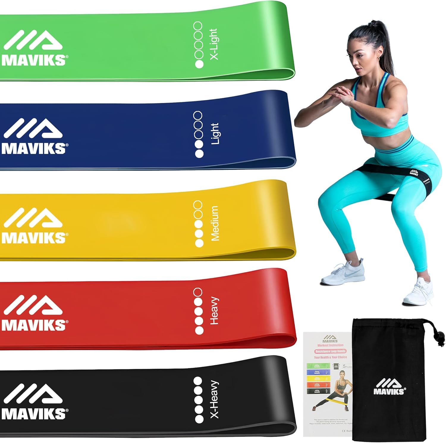 MAVIKS Exercise Bands Resistance Bands for Working Out, Set of 5 Stretch Bands, Elastic Resistance Loop Bands for Physical Therapy, Pilates,Yoga, Stretching, Home Fitness with Guide and Carry Bag