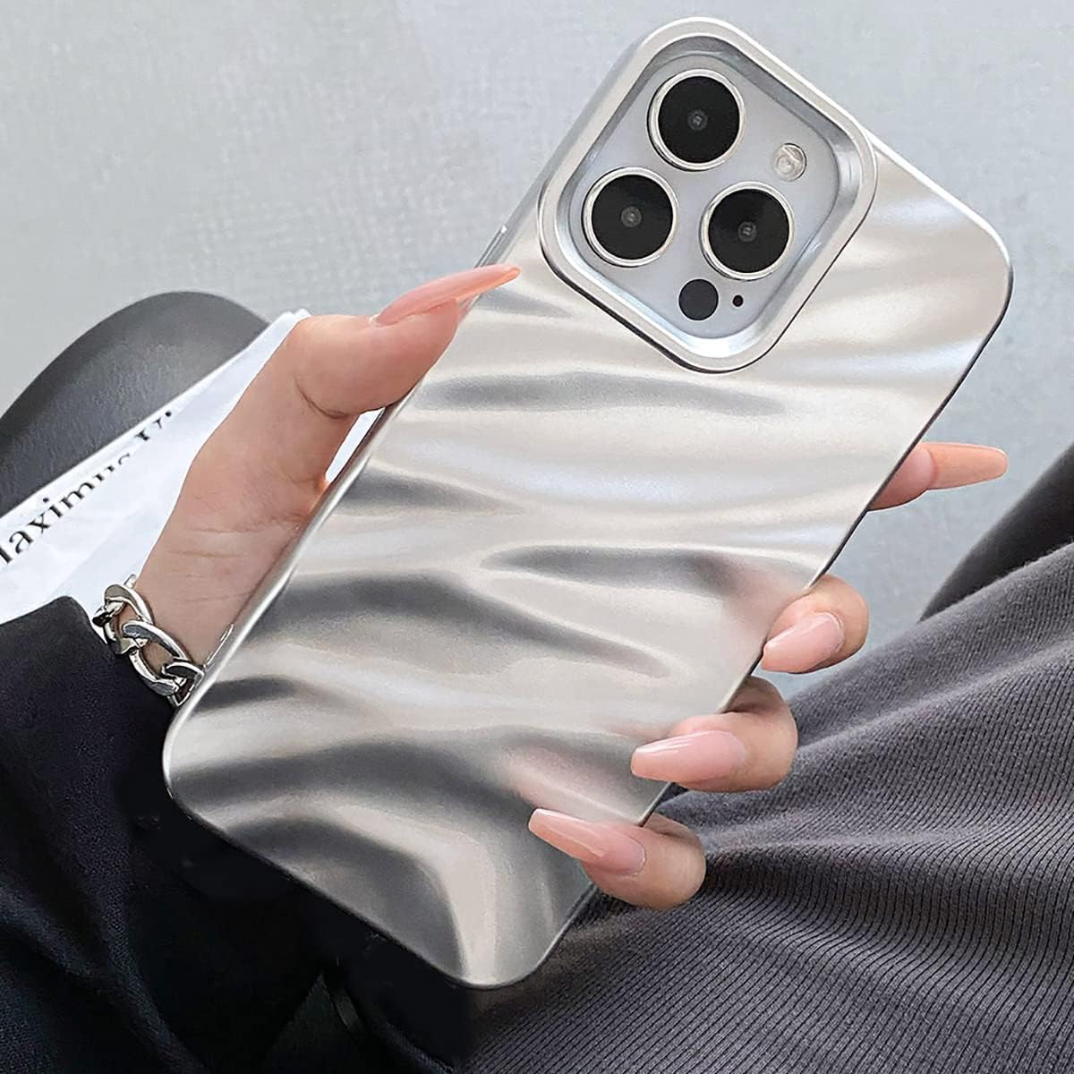 QLTYPRI Compatible with iPhone 16 Pro Max Case, Cute Wave Water Ripple Pattern Case for Girls Women, Slim Glossy Soft Silicone TPU Bumper Shockproof Protective Phone Cover for iPhone 16 Pro Max-Silver — image 1