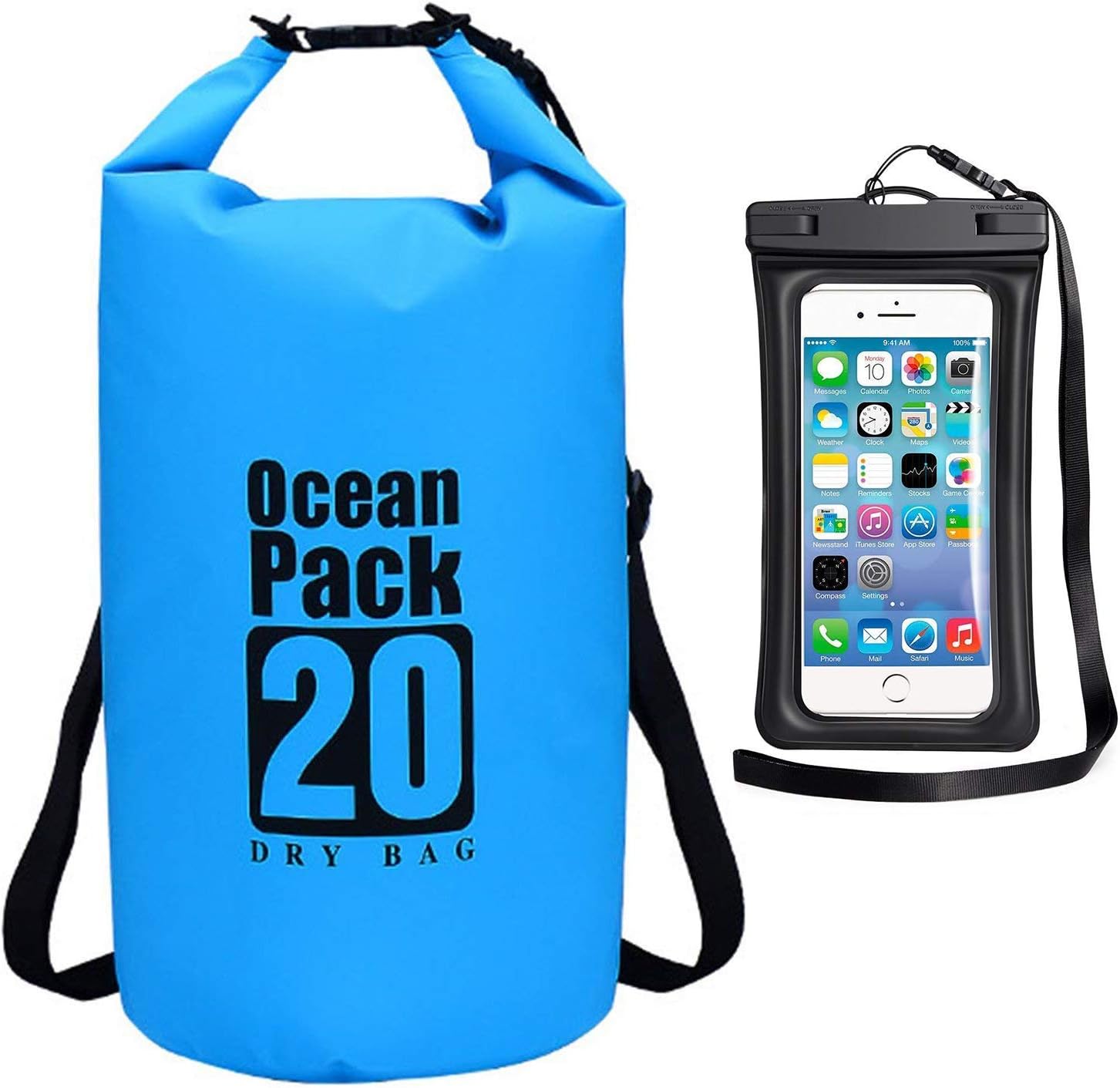 HAMISS Heavy Duty PVC Water Proof Dry Bag Sack Backpack for Camping Fishing Boating Kayaking Swimming Rafting Ocean Resistant 2L/3L/5L/10L/15L/20L/30L (20L, Blue)