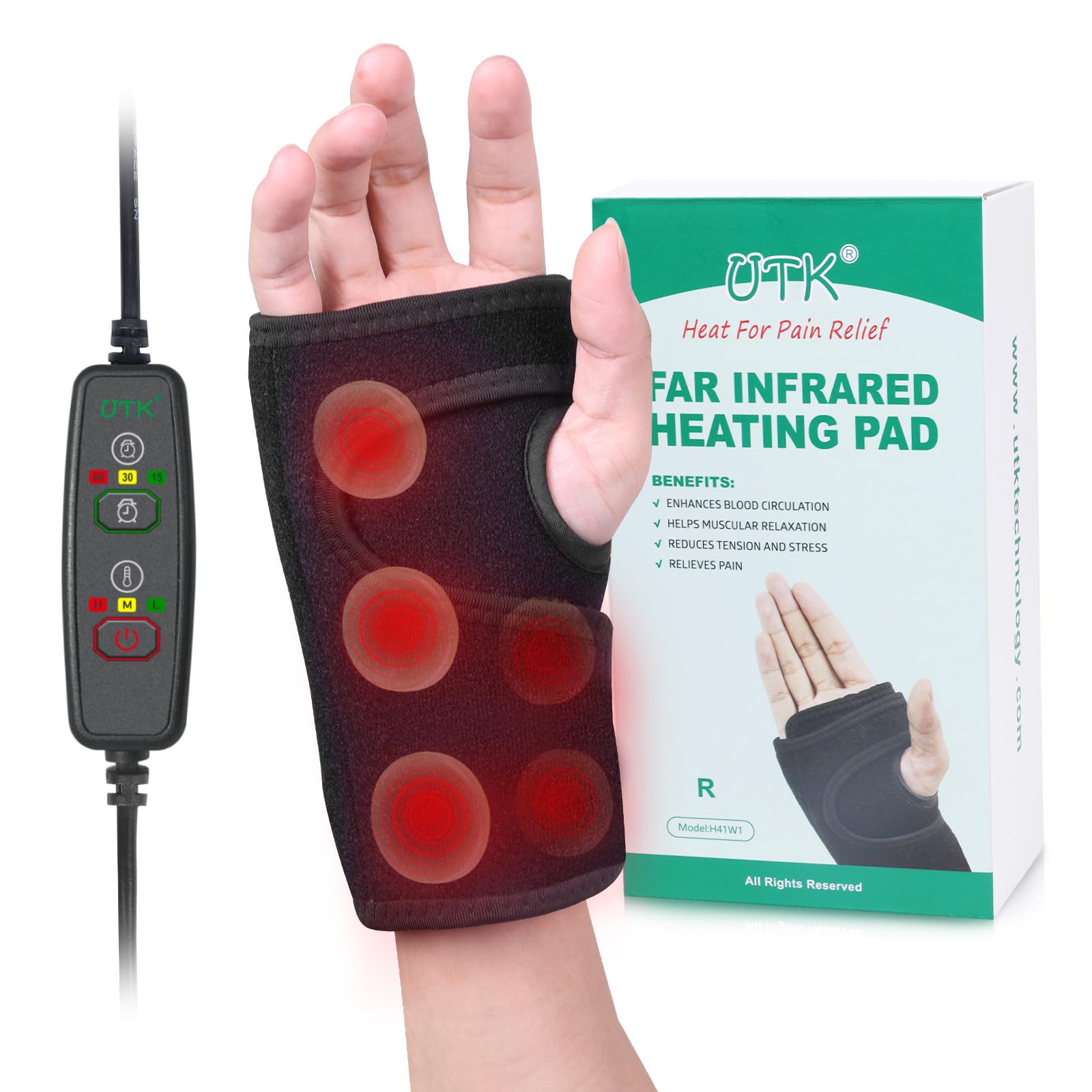 Photo 1 of UTK Thumb Wrist Brace Heating Pad for Arthritis and Carpal Tunnel, Infraed Heating Wrap for Wrist, Hands Sprains Trigger Tendonitis Pain Relief -Right Hand