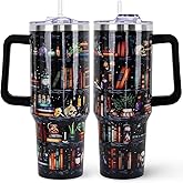 Book Lovers Gifts 40oz Tumbler with Handle and Straw Lid,Vacuum Insulated Leak Proof Tumbler bookish gifts for Women Readers Librarian,Book Accessories Stainless Steel Travel Mug,Skull Bookshelf