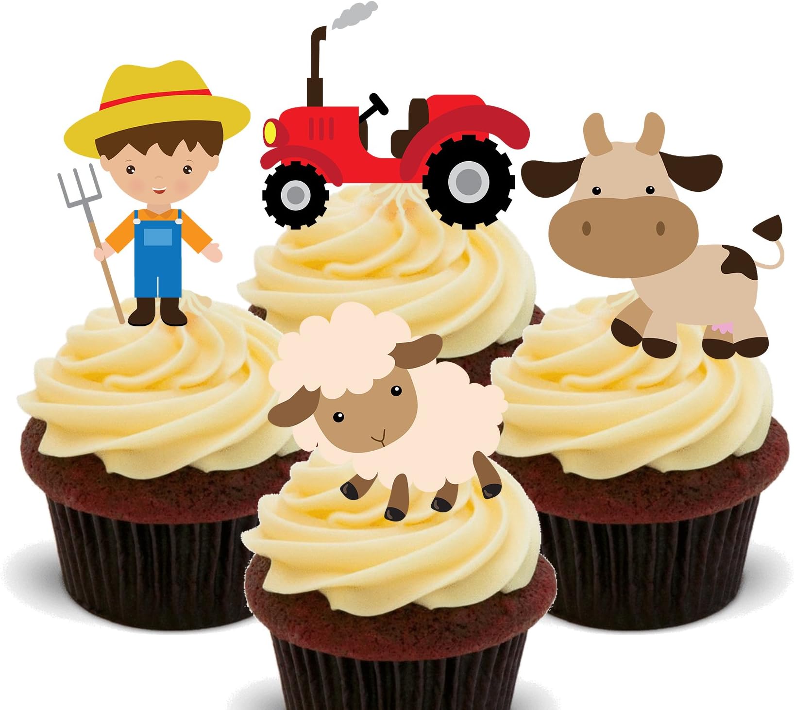 Made4You Farmer, Farm Animals and Tractor, Kids' Edible Cupcake Toppers - Stand-up Wafer Cake Decorations (Pack of 12)