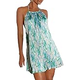 SweatyRocks Women's Allover Print Backless Halter Dress Sleeveless Straight Hem Mini Dresses