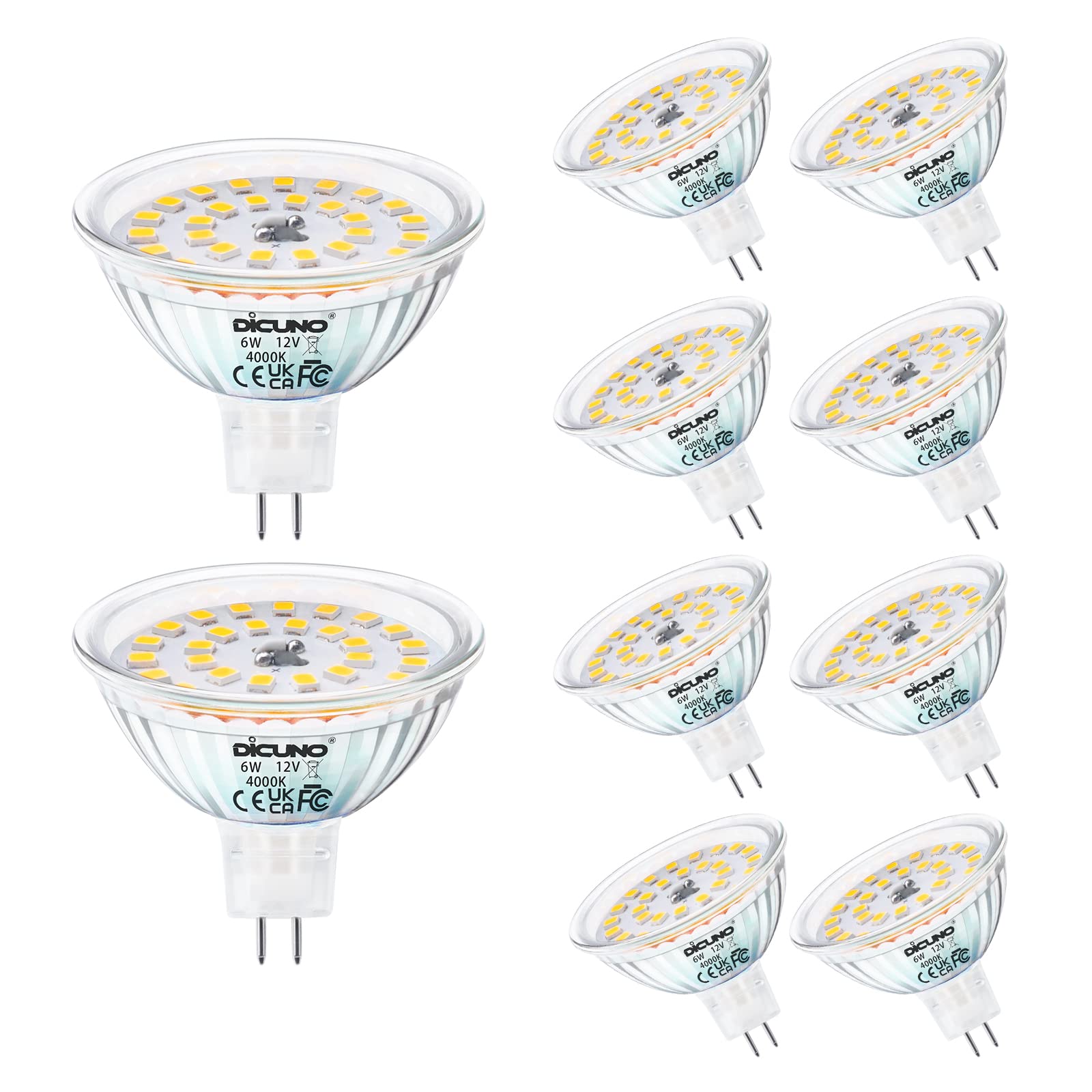 DiCUNO MR16 LED Light Bulbs 6W, GU5.3 Spotlight Bulb 12V, Equivalent to 70W Halogen, Natural White 4000K, 580LM, 120° Beam Angle, GU5.3 Bi-Pin Base Track Light, 10 Packs