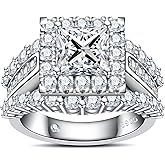 AnuClub Princess/Cushion/Oval Cut Moissanite Engagement Rings 3-3.884cttw D Color VVS1 925 Sterling Silver 3 Rows Vintage Halo Wedding Promise Statement Rings for Women with Certificate