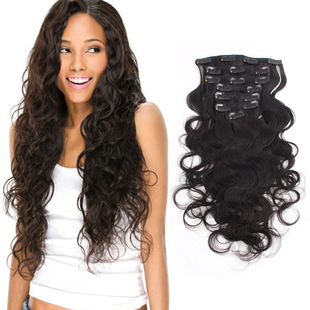 AmazingBeauty Black Wavy Clip In Hair Extensions 8A Grade