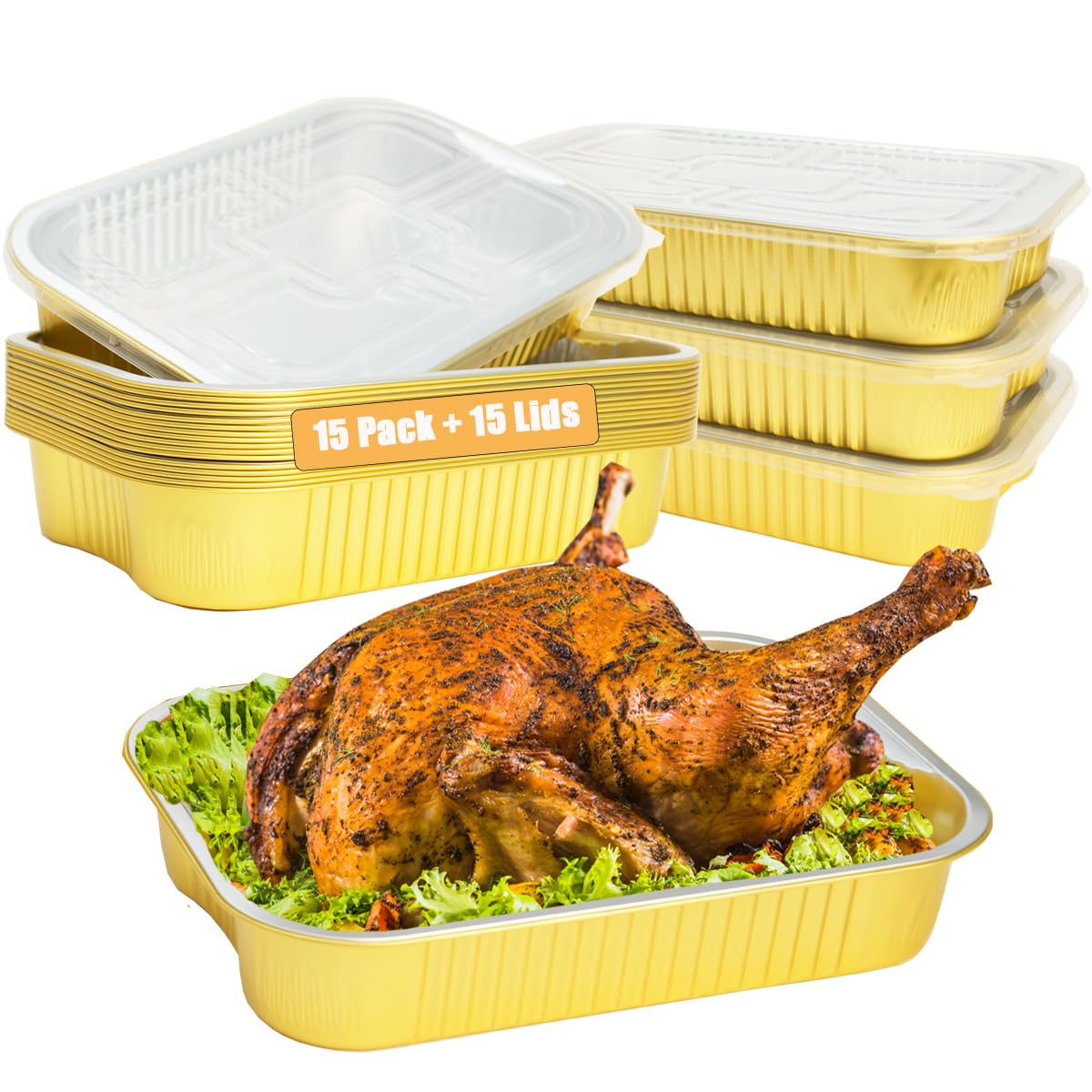 View 1 of 9x13 Aluminum Pans with Lids Half Size Extra Heavy Duty (15 Pack + 15 Lids), Gold Disposable Aluminum Foil Baking Pan Double Thick Tin Foil Food Container for Cooking,Baking,Meal Prep,Heating