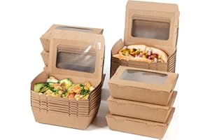 PakTalk To Go Containers 24oz Kraft Paper Food Containers with Window Take Out Boxes (50Pack, Rectangular)