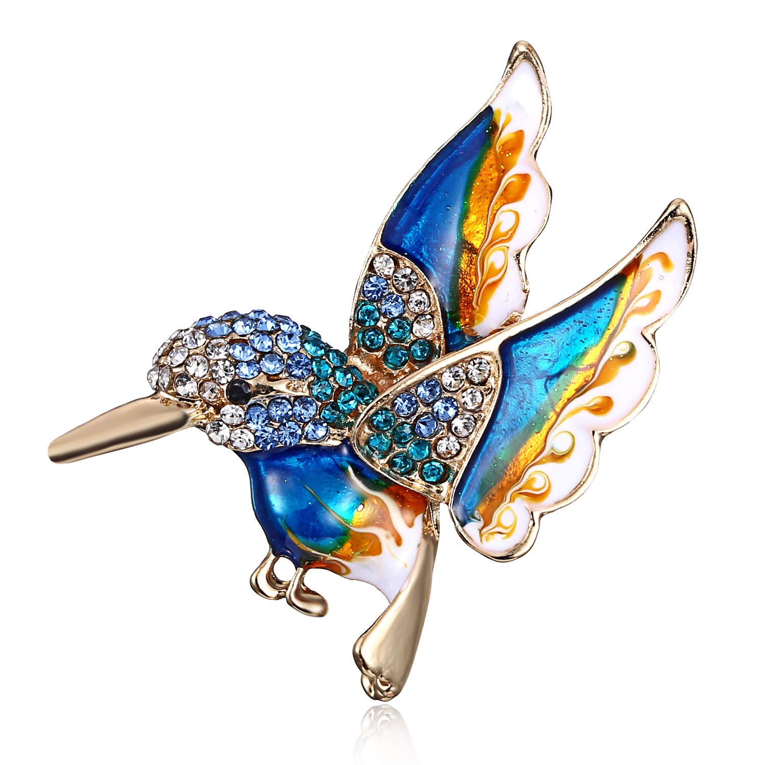 AILUOR Antique Gold Tone Enamel Bird Hummingbird Multi Color Austrian Crystal Pin Brooch Jewelry for Women (Blue)
