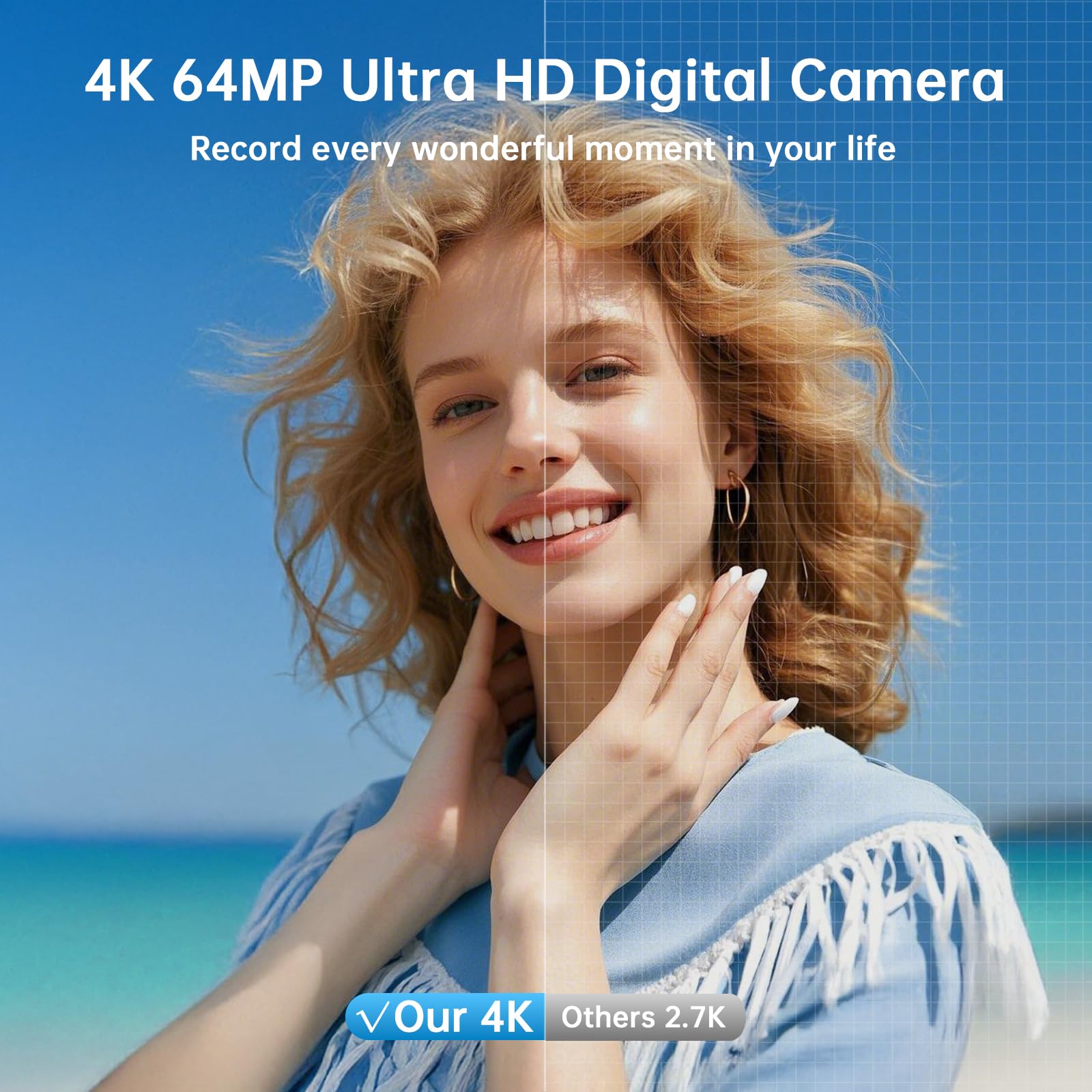 4K Digital Camera for Photography with WiFi 64MP Auto-Focus Vlogging Camera for YouTube Video 3'' 180° Flip Screen 4K Cameras 16X Zoom Anti-Shake Compact Point and Shoot Cameras with SD Card