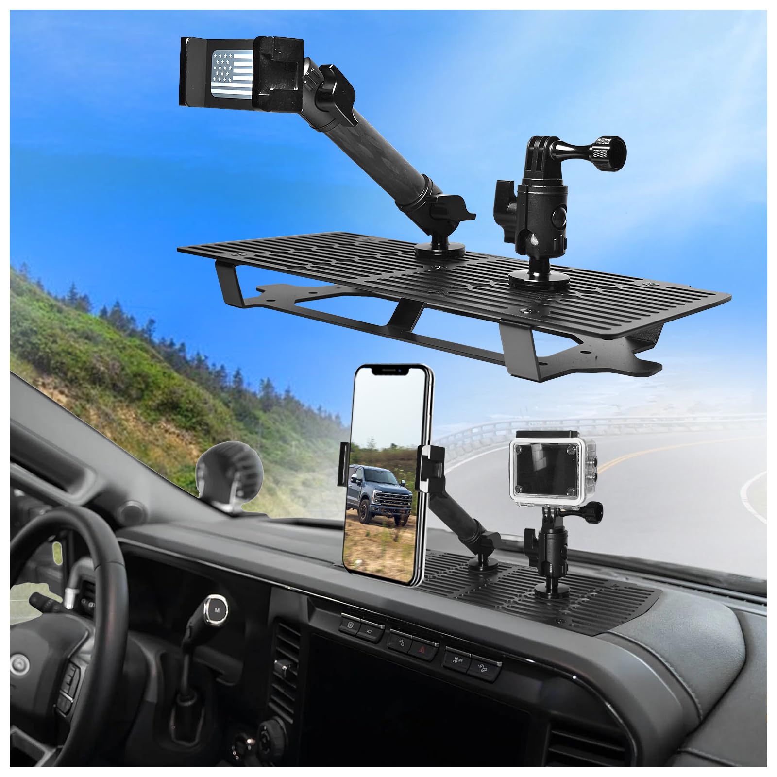 Photo 1 of WXRYLYN 2025 2026 F250 F350 F450 Metal Dash Platform Phone Mount Phone Holder for 2023-2025 2026 F250 F350 F450 Super Duty Dash Go pr o Mount