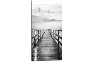 Lake Wall Art for Aisle Corridor, Black and White Pier with Birds Flying Canvas Prints Decor, Vertical Wharf Mountain landsca