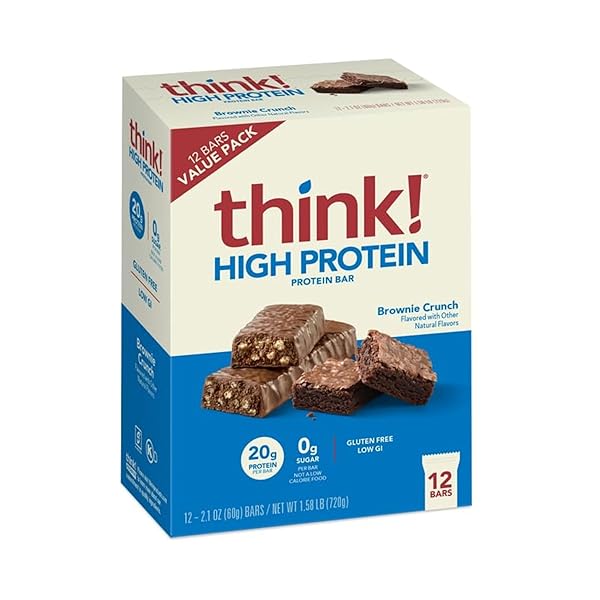 THINK! PROTEIN BARS, HIGH PROTEIN SNACKS, GLUTEN FREE, SUGAR FREE ENERGY BAR WITH WHEY PROTEIN ISOLATE, BROWNIE CRUNCH, NUTRITION BARS WITHOUT ARTIFICIAL SWEETENERS, 2.1 OZ (12 COUNT)
