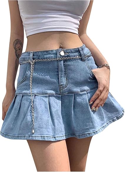 Zbyy Women S Denim Skirt Fashion Slim A Line Ruffle Swing Pleated Denim