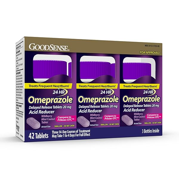 GOODSENSE OMEPRAZOLE, COMPARE TO PRILOSEC, DELAYED RELEASE TABLETS 20 MG, ACID REDUCER, WILDBERRY MINT COATED TABLET, 42 COUNT