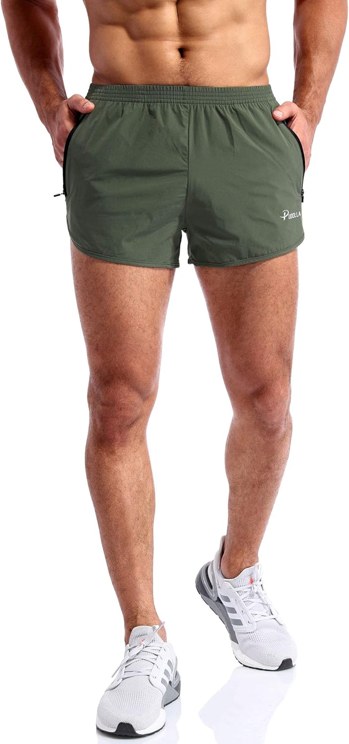 Pudolla Men’s Running Shorts 3 Inch Quick Dry Gym Athletic Workout Shorts for Men with Zipper Pockets: Clothing