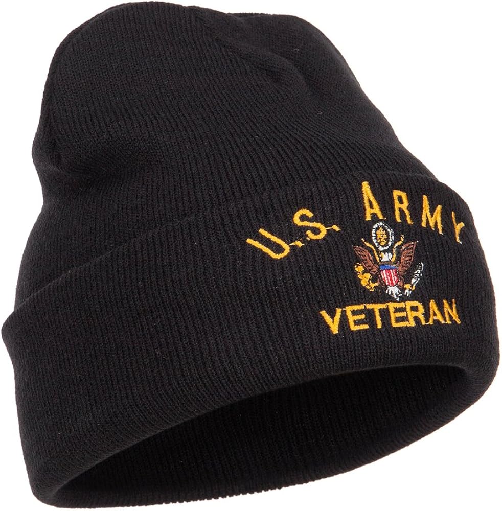e4Hats US Army Veteran Military Embroidered Long Beanie - Black OSFM: Clothing