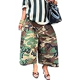 VJMVJM Women's Camo Cargo Jeans Baggy Wide Leg High Waist Capris Camouflage Trousers Army Fatigue Boyfriend Denim Pants