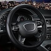 KAFEEK Steering Wheel Cover, Universal 15 inch, Microfiber Leather, Anti-Slip, Odorless, Black Lines